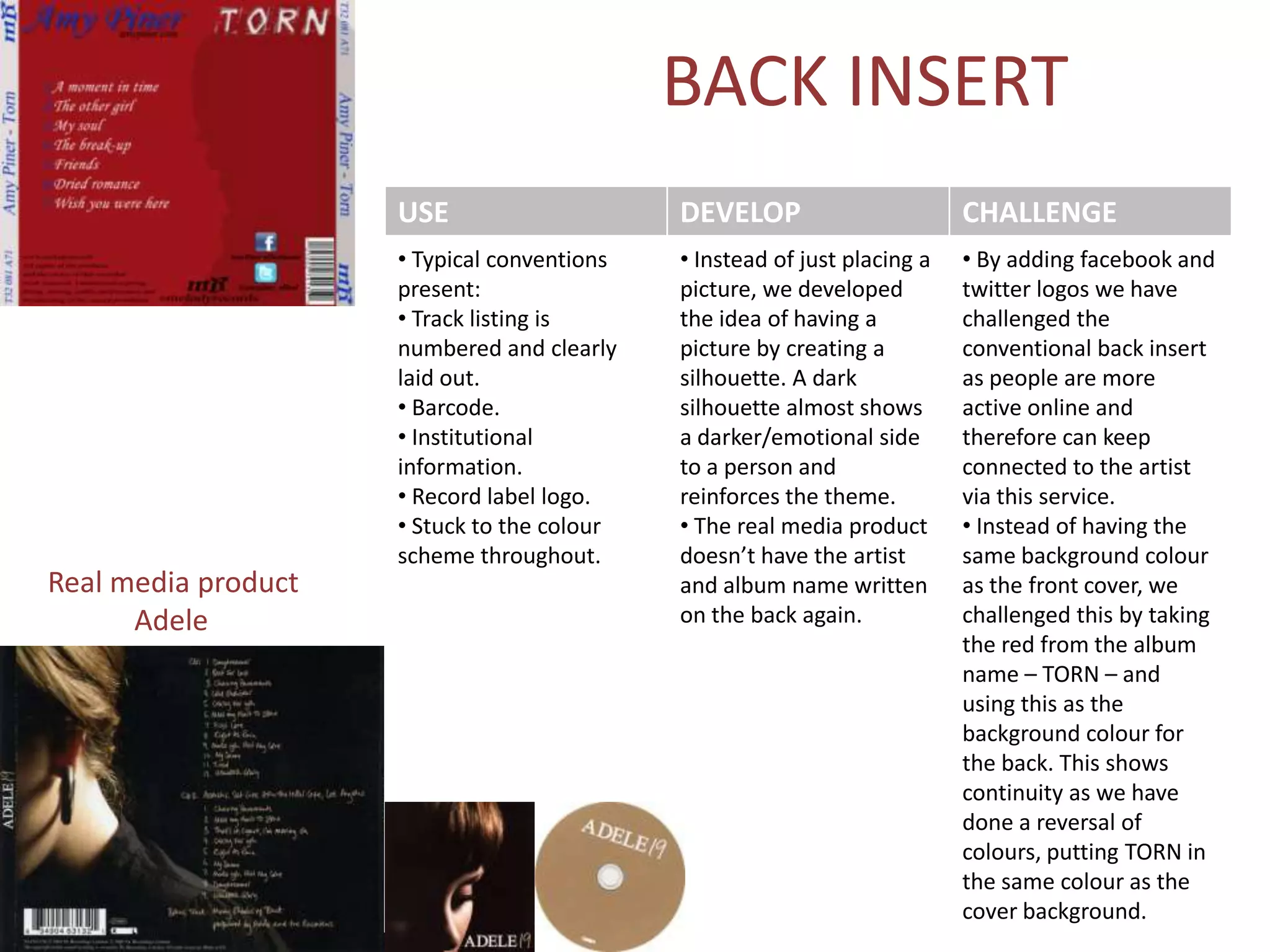 BACK INSERT
                     USE                     DEVELOP                       CHALLENGE
                     • Typical conventions   • Instead of just placing a   • By adding facebook and
                     present:                picture, we developed         twitter logos we have
                     • Track listing is      the idea of having a          challenged the
                     numbered and clearly    picture by creating a         conventional back insert
                     laid out.               silhouette. A dark            as people are more
                     • Barcode.              silhouette almost shows       active online and
                     • Institutional         a darker/emotional side       therefore can keep
                     information.            to a person and               connected to the artist
                     • Record label logo.    reinforces the theme.         via this service.
                     • Stuck to the colour   • The real media product      • Instead of having the
                     scheme throughout.      doesn’t have the artist       same background colour
Real media product                           and album name written        as the front cover, we
      Adele                                  on the back again.            challenged this by taking
                                                                           the red from the album
                                                                           name – TORN – and
                                                                           using this as the
                                                                           background colour for
                                                                           the back. This shows
                                                                           continuity as we have
                                                                           done a reversal of
                                                                           colours, putting TORN in
                                                                           the same colour as the
                                                                           cover background.
 