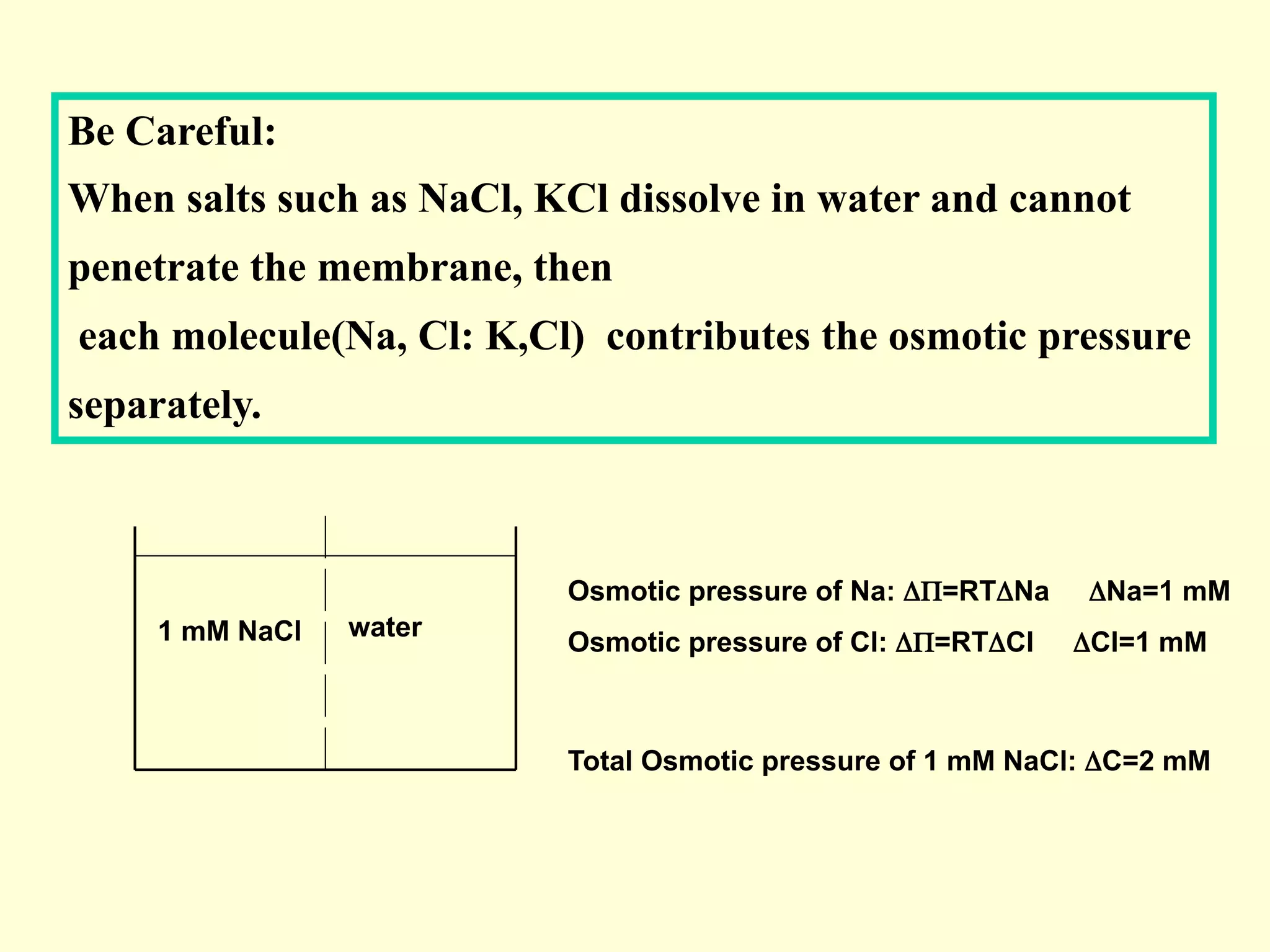 Be Careful:
When salts such as NaCl, KCl dissolve in water and cannot
penetrate the membrane, then
each molecule(Na, Cl: K,Cl) contributes the osmotic pressure
separately.
1 mM NaCl water
Osmotic pressure of Na: ΔΠ=RTΔNa ΔNa=1 mM
Osmotic pressure of Cl: ΔΠ=RTΔCl ΔCl=1 mM
Total Osmotic pressure of 1 mM NaCl: ΔC=2 mM
 