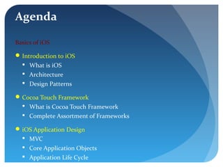 Agenda
Basics of iOS
Introduction to iOS
 What is iOS
 Architecture
 Design Patterns
Cocoa Touch Framework
 What is Cocoa Touch Framework
 Complete Assortment of Frameworks
iOS Application Design
 MVC
 Core Application Objects
 Application Life Cycle
 