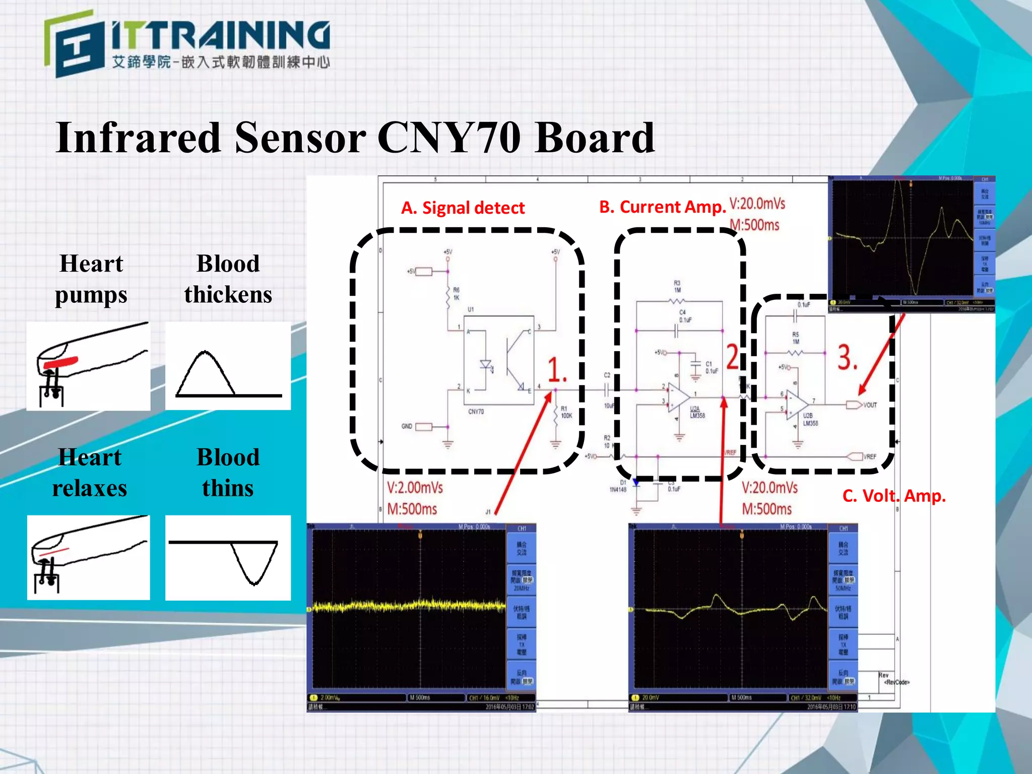 Infrared Sensor CNY70 Board
Heart
pumps
Heart
relaxes
A. Signal detect B. Current Amp.
C. Volt. Amp.
Blood
thickens
Blood
thins
 