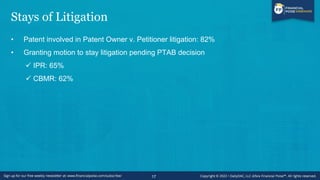 Stays of Litigation
• Patent involved in Patent Owner v. Petitioner litigation: 82%
• Granting motion to stay litigation pending PTAB decision
✓ IPR: 65%
✓ CBMR: 62%
17
 