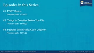 Episodes in this Series
#1: PGRT Basics
Premiere date: 10/26/22
#2: Things to Consider Before You File
Premiere date: 11/30/22
#3: Interplay With District Court Litigation
Premiere date: 12/21/22
8
 