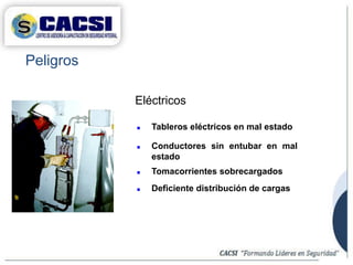 Peligros
 Tableros eléctricos en mal estado
 Conductores sin entubar en mal
estado
 Tomacorrientes sobrecargados
 Deficiente distribución de cargas
Eléctricos
 
