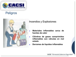Peligros
 Materiales inflamables cerca de
fuentes de calor
 Cilindros de gases comprimidos
inflamables con válvulas en mal
estado
 Derrames de líquidos inflamables
Incendios y Explosiones
 