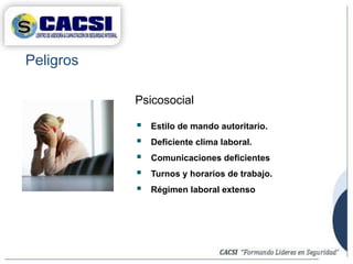 Peligros
 Estilo de mando autoritario.
 Deficiente clima laboral.
 Comunicaciones deficientes
 Turnos y horarios de trabajo.
 Régimen laboral extenso
Psicosocial
 