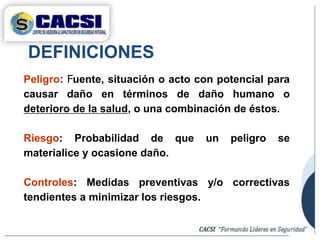 DEFINICIONES
Peligro: Fuente, situación o acto con potencial para
causar daño en términos de daño humano o
deterioro de la salud, o una combinación de éstos.
Riesgo: Probabilidad de que un peligro se
materialice y ocasione daño.
Controles: Medidas preventivas y/o correctivas
tendientes a minimizar los riesgos.
 