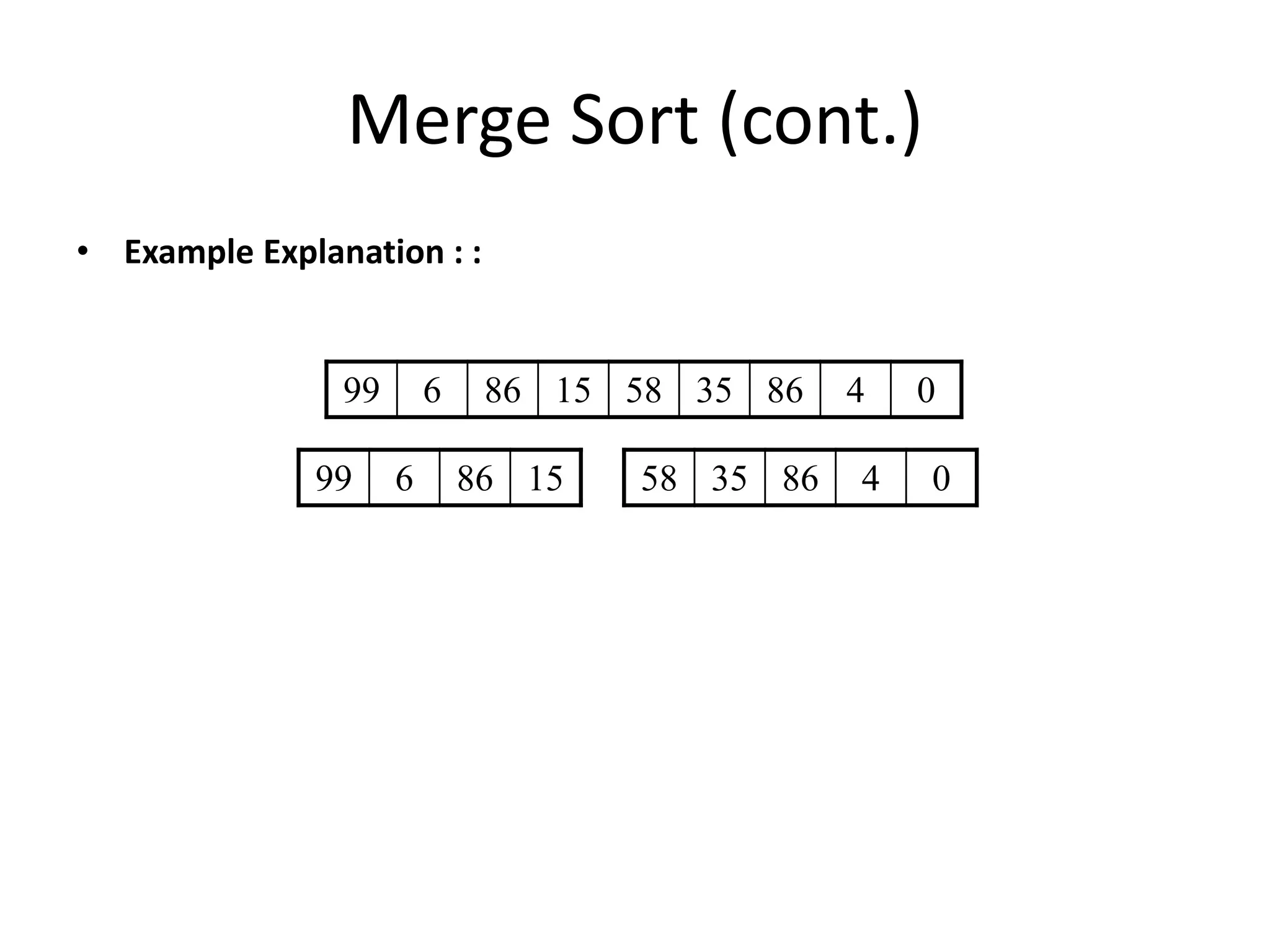 Merge Sort (cont.)
• Example Explanation : :
99 6 86 15 58 35 86 4 0
99 6 86 15 58 35 86 4 0
 