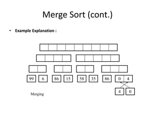 Merge Sort (cont.)
• Example Explanation :
99 6 86 15 58 35 86 0 4
4 0Merging
 