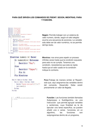 PARA QUÉ SIRVEN LOS COMANDOS DE PSEINT: SEGÚN, MIENTRAS, PARA
Y FUNCIÓN.
Según: ​Permite trabajar con un sistema de
valor numero, donde, según el valor elegido
ocurría una secuencia de acciones. La variable
solo debe ser de valor numérico, no se permite
del tipo texto.
Mientras: ​nos sirve para repetir un proceso
infinitas veces hasta que la condición expuesta
para esto no se cumpla. Tenemos una
condición, necesitamos que esta se repita
hasta que el valor usado en la condición
indique lo contrario.
Para:​Trabaja de manera similar al 'Repetir',
solo que, aquí asignamos las variables dentro
del comando. Desarrollo: Debe existir
previamente un valor de llegada.
Función​: ​Las funciones también llamadas
Subproceso o SubAlgoritmo, es una
instrucción que permite agrupar variables
y sentencias, cuya finalidad es la de
ejecutar una tarea específica, se pueden
añadir una o varias funciones, en un
algoritmo, las funciones son
subprogramas dentro de un programa.
9
 