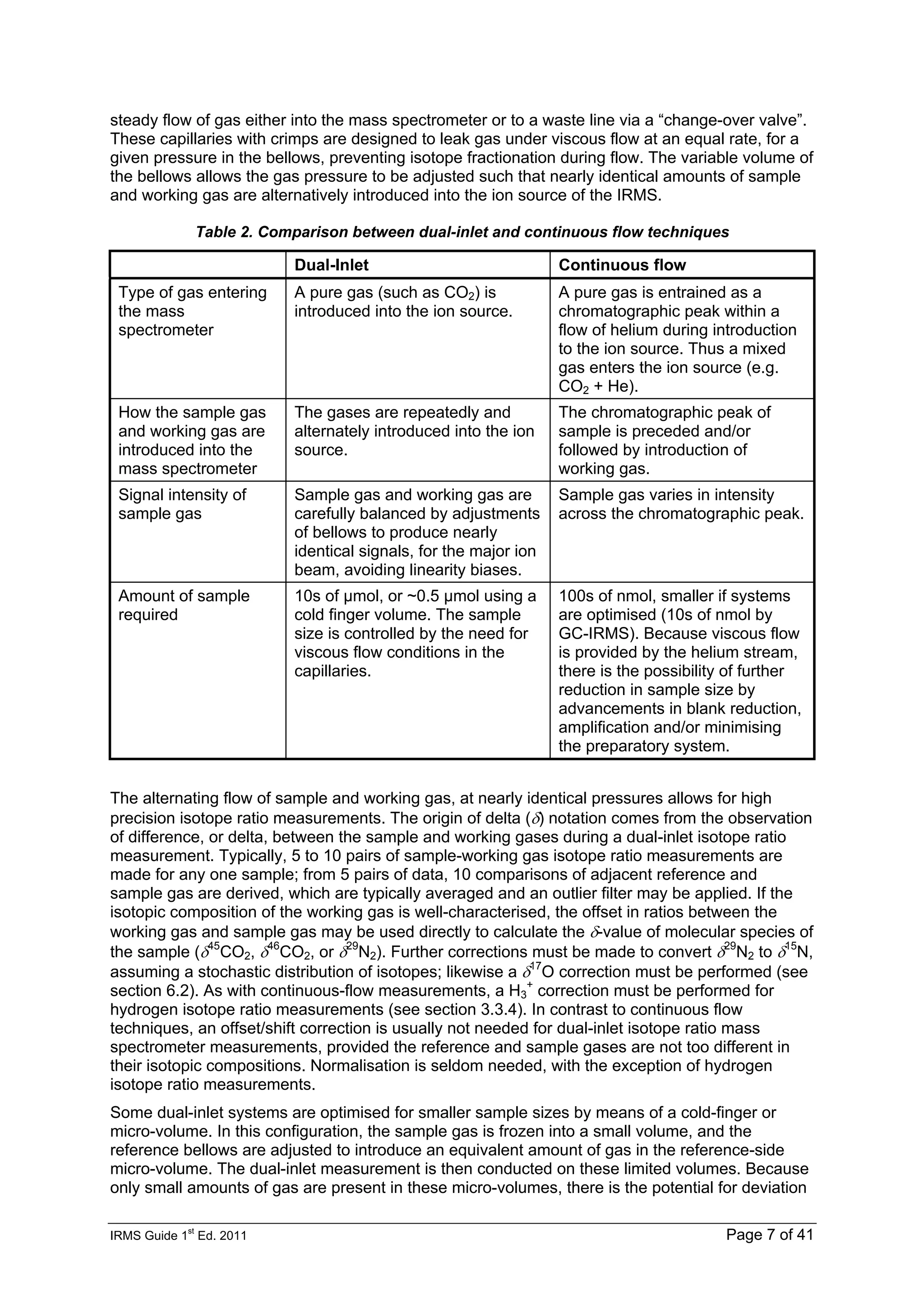 IRMS Guide 1
st
Ed. 2011 Page 7 of 41
steady flow of gas either into the mass spectrometer or to a waste line via a “change-over valve”.
These capillaries with crimps are designed to leak gas under viscous flow at an equal rate, for a
given pressure in the bellows, preventing isotope fractionation during flow. The variable volume of
the bellows allows the gas pressure to be adjusted such that nearly identical amounts of sample
and working gas are alternatively introduced into the ion source of the IRMS.
Table 2. Comparison between dual-inlet and continuous flow techniques
Dual-Inlet Continuous flow
Type of gas entering
the mass
spectrometer
A pure gas (such as CO2) is
introduced into the ion source.
A pure gas is entrained as a
chromatographic peak within a
flow of helium during introduction
to the ion source. Thus a mixed
gas enters the ion source (e.g.
CO2 + He).
How the sample gas
and working gas are
introduced into the
mass spectrometer
The gases are repeatedly and
alternately introduced into the ion
source.
The chromatographic peak of
sample is preceded and/or
followed by introduction of
working gas.
Signal intensity of
sample gas
Sample gas and working gas are
carefully balanced by adjustments
of bellows to produce nearly
identical signals, for the major ion
beam, avoiding linearity biases.
Sample gas varies in intensity
across the chromatographic peak.
Amount of sample
required
10s of μmol, or ~0.5 μmol using a
cold finger volume. The sample
size is controlled by the need for
viscous flow conditions in the
capillaries.
100s of nmol, smaller if systems
are optimised (10s of nmol by
GC-IRMS). Because viscous flow
is provided by the helium stream,
there is the possibility of further
reduction in sample size by
advancements in blank reduction,
amplification and/or minimising
the preparatory system.
The alternating flow of sample and working gas, at nearly identical pressures allows for high
precision isotope ratio measurements. The origin of delta (δ) notation comes from the observation
of difference, or delta, between the sample and working gases during a dual-inlet isotope ratio
measurement. Typically, 5 to 10 pairs of sample-working gas isotope ratio measurements are
made for any one sample; from 5 pairs of data, 10 comparisons of adjacent reference and
sample gas are derived, which are typically averaged and an outlier filter may be applied. If the
isotopic composition of the working gas is well-characterised, the offset in ratios between the
working gas and sample gas may be used directly to calculate the δ-value of molecular species of
the sample (δ45
CO2, δ46
CO2, or δ29
N2). Further corrections must be made to convert δ29
N2 to δ15
N,
assuming a stochastic distribution of isotopes; likewise a δ17
O correction must be performed (see
section 6.2). As with continuous-flow measurements, a H3
+
correction must be performed for
hydrogen isotope ratio measurements (see section 3.3.4). In contrast to continuous flow
techniques, an offset/shift correction is usually not needed for dual-inlet isotope ratio mass
spectrometer measurements, provided the reference and sample gases are not too different in
their isotopic compositions. Normalisation is seldom needed, with the exception of hydrogen
isotope ratio measurements.
Some dual-inlet systems are optimised for smaller sample sizes by means of a cold-finger or
micro-volume. In this configuration, the sample gas is frozen into a small volume, and the
reference bellows are adjusted to introduce an equivalent amount of gas in the reference-side
micro-volume. The dual-inlet measurement is then conducted on these limited volumes. Because
only small amounts of gas are present in these micro-volumes, there is the potential for deviation
 