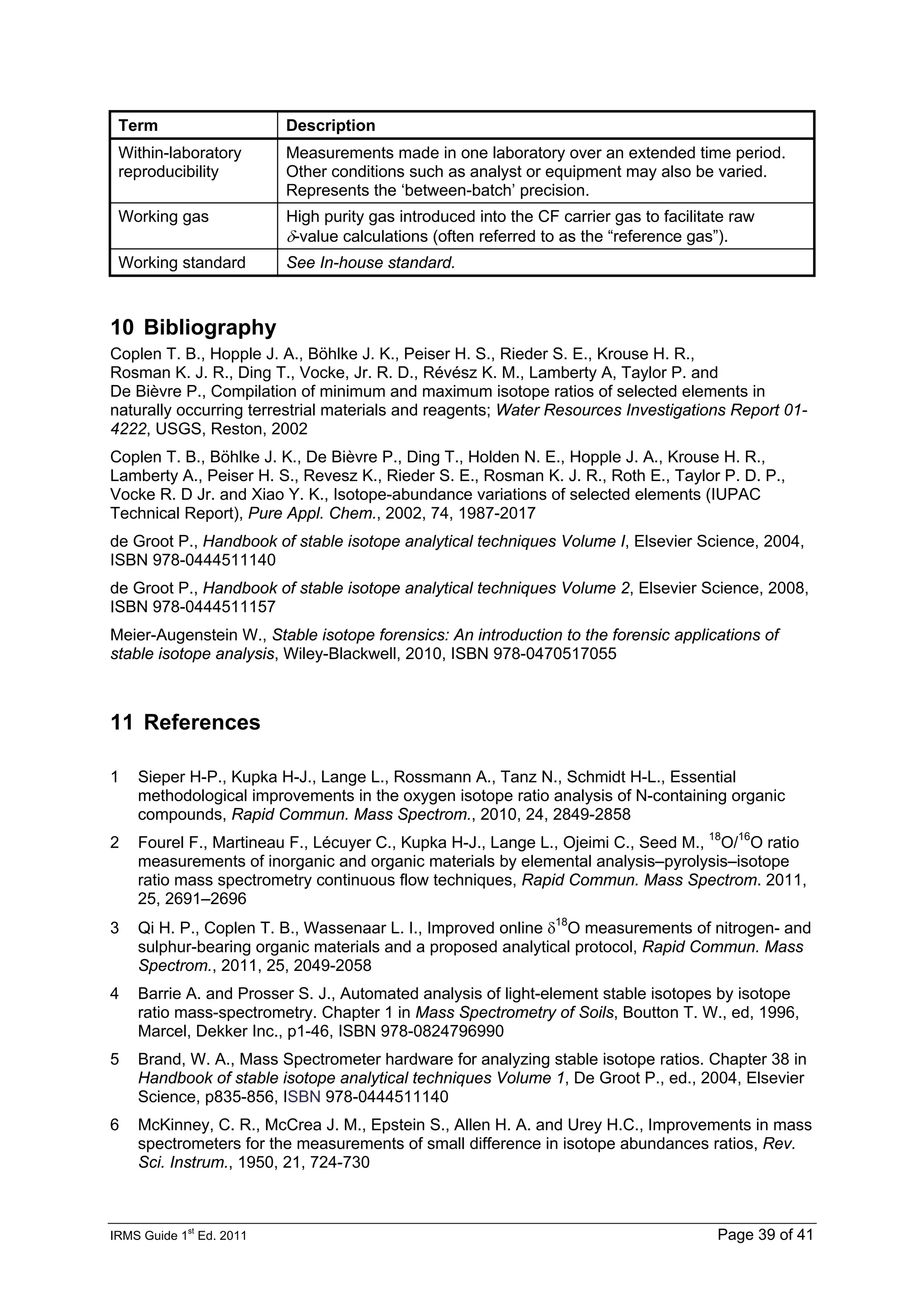 IRMS Guide 1
st
Ed. 2011 Page 39 of 41
Term Description
Within-laboratory
reproducibility
Measurements made in one laboratory over an extended time period.
Other conditions such as analyst or equipment may also be varied.
Represents the ‘between-batch’ precision.
Working gas High purity gas introduced into the CF carrier gas to facilitate raw
δ-value calculations (often referred to as the “reference gas”).
Working standard See In-house standard.
10 Bibliography
Coplen T. B., Hopple J. A., Böhlke J. K., Peiser H. S., Rieder S. E., Krouse H. R.,
Rosman K. J. R., Ding T., Vocke, Jr. R. D., Révész K. M., Lamberty A, Taylor P. and
De Bièvre P., Compilation of minimum and maximum isotope ratios of selected elements in
naturally occurring terrestrial materials and reagents; Water Resources Investigations Report 01-
4222, USGS, Reston, 2002
Coplen T. B., Böhlke J. K., De Bièvre P., Ding T., Holden N. E., Hopple J. A., Krouse H. R.,
Lamberty A., Peiser H. S., Revesz K., Rieder S. E., Rosman K. J. R., Roth E., Taylor P. D. P.,
Vocke R. D Jr. and Xiao Y. K., Isotope-abundance variations of selected elements (IUPAC
Technical Report), Pure Appl. Chem., 2002, 74, 1987-2017
de Groot P., Handbook of stable isotope analytical techniques Volume I, Elsevier Science, 2004,
ISBN 978-0444511140
de Groot P., Handbook of stable isotope analytical techniques Volume 2, Elsevier Science, 2008,
ISBN 978-0444511157
Meier-Augenstein W., Stable isotope forensics: An introduction to the forensic applications of
stable isotope analysis, Wiley-Blackwell, 2010, ISBN 978-0470517055
11 References
1 Sieper H-P., Kupka H-J., Lange L., Rossmann A., Tanz N., Schmidt H-L., Essential
methodological improvements in the oxygen isotope ratio analysis of N-containing organic
compounds, Rapid Commun. Mass Spectrom., 2010, 24, 2849-2858
2 Fourel F., Martineau F., Lécuyer C., Kupka H-J., Lange L., Ojeimi C., Seed M., 18
O/16
O ratio
measurements of inorganic and organic materials by elemental analysis–pyrolysis–isotope
ratio mass spectrometry continuous flow techniques, Rapid Commun. Mass Spectrom. 2011,
25, 2691–2696
3 Qi H. P., Coplen T. B., Wassenaar L. I., Improved online δ18
O measurements of nitrogen- and
sulphur-bearing organic materials and a proposed analytical protocol, Rapid Commun. Mass
Spectrom., 2011, 25, 2049-2058
4 Barrie A. and Prosser S. J., Automated analysis of light-element stable isotopes by isotope
ratio mass-spectrometry. Chapter 1 in Mass Spectrometry of Soils, Boutton T. W., ed, 1996,
Marcel, Dekker Inc., p1-46, ISBN 978-0824796990
5 Brand, W. A., Mass Spectrometer hardware for analyzing stable isotope ratios. Chapter 38 in
Handbook of stable isotope analytical techniques Volume 1, De Groot P., ed., 2004, Elsevier
Science, p835-856, ISBN 978-0444511140
6 McKinney, C. R., McCrea J. M., Epstein S., Allen H. A. and Urey H.C., Improvements in mass
spectrometers for the measurements of small difference in isotope abundances ratios, Rev.
Sci. Instrum., 1950, 21, 724-730
 