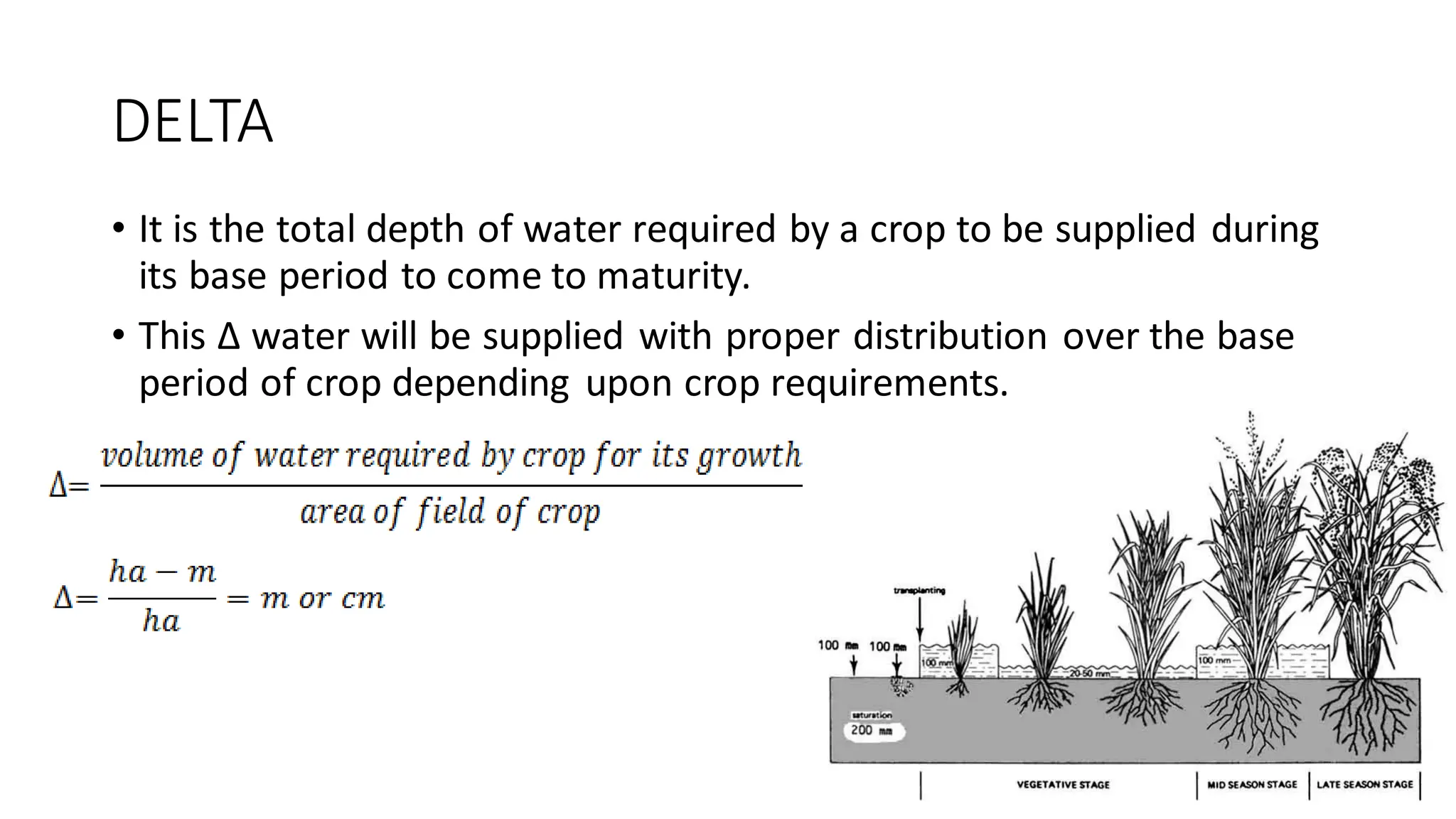 DELTA
• It is the total depth of water required by a crop to be supplied during
its base period to come to maturity.
• This Δ water will be supplied with proper distribution over the base
period of crop depending upon crop requirements.
 