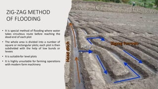 ZIG-ZAG METHOD
OF FLOODING
• It is special method of flooding where water
takes circuitous route before reaching the
dead end of each plot
• The whole area is divided into a number of
square or rectangular plots; each plot is then
subdivided with the help of low bunds or
levees
• It is suitablefor level plots
• It is highly unsuitable for farming operations
with modern farm machinery
 