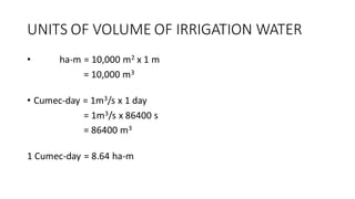 UNITS OF VOLUME OF IRRIGATION WATER
• ha-m = 10,000 m2 x 1 m
= 10,000 m3
• Cumec-day = 1m3/s x 1 day
= 1m3/s x 86400 s
= 86400 m3
1 Cumec-day = 8.64 ha-m
 