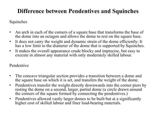 Difference between Pendentives and Squinches
Squinches
• An arch in each of the corners of a square base that transforms the base of
the dome into an octagon and allows the dome to rest on the square base.
• It does not carry the weight and dynamic strain of the dome efficiently: It
has a low limit to the diameter of the dome that is supported by Squinches.
• It makes the overall appearance crude blocky and imprecise, but easy to
execute in almost any material with only moderately skilled labour.
Pendentive
• The concave triangular section provides a transition between a dome and
the square base on which it is set, and transfers the weight of the dome.
• Pendentives transfer the weight directly downwards into the corner piers by
resting the dome on a second, larger, partial dome (a circle drawn around
the corners of the square formed by connecting the pendentives.)
• Pendentives allowed vastly larger domes to be built but at a significantly
higher cost of skilled labour and finer load-bearing materials.
 