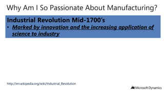 Why Am I So Passionate About Manufacturing?
Industrial Revolution Mid-1700’s

• Marked by innovation and the increasing application of
science to industry

http://en.wikipedia.org/wiki/Industrial_Revolution

 