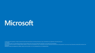 © 2012 Microsoft Corporation. All rights reserved. Microsoft, Microsoft Dynamics, the Microsoft Dynamics logo, and SharePoint are trademarks of the Microsoft group
of companies.
The information herein is for informational purposes only and represents the current view of Microsoft Corporation as of the date of this presentation.
Because Microsoft must respond to changing market conditions, it should not be interpreted to be a commitment on the part of Microsoft, and Microsoft cannot guarantee the accuracy of any information provided after the date of this
presentation.
MICROSOFT MAKES NO WARRANTIES, EXPRESS, IMPLIED OR STATUTORY, AS TO THE INFORMATION IN THIS PRESENTATION.

 