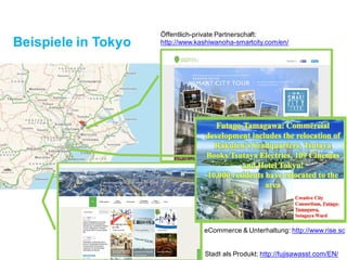 Stadt als Produkt: http://fujisawasst.com/EN/
Öffentlich-private Partnerschaft:
http://www.kashiwanoha-smartcity.com/en/
eCommerce & Unterhaltung: http://www.rise.sc
Beispiele in Tokyo
 