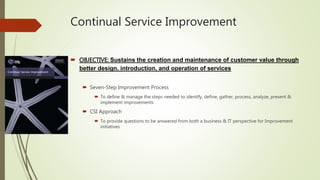 Continual Service Improvement
 OBJECTIVE: Sustains the creation and maintenance of customer value through
better design, introduction, and operation of services
 Seven-Step Improvement Process
 To define & manage the steps needed to identify, define, gather, process, analyze, present &
implement improvements
 CSI Approach
 To provide questions to be answered from both a business & IT perspective for Improvement
initiatives
 