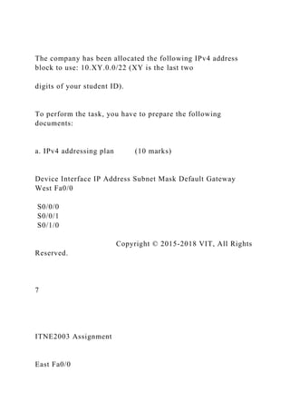 The company has been allocated the following IPv4 address
block to use: 10.XY.0.0/22 (XY is the last two
digits of your student ID).
To perform the task, you have to prepare the following
documents:
a. IPv4 addressing plan (10 marks)
Device Interface IP Address Subnet Mask Default Gateway
West Fa0/0
S0/0/0
S0/0/1
S0/1/0
Copyright © 2015-2018 VIT, All Rights
Reserved.
7
ITNE2003 Assignment
East Fa0/0
 