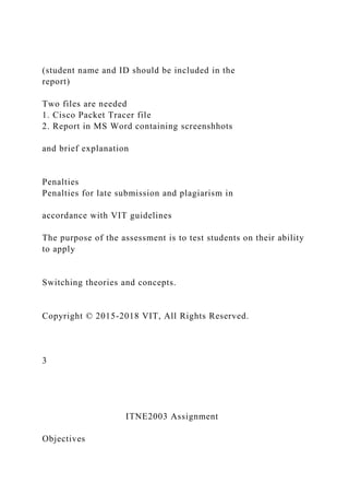 (student name and ID should be included in the
report)
Two files are needed
1. Cisco Packet Tracer file
2. Report in MS Word containing screenshhots
and brief explanation
Penalties
Penalties for late submission and plagiarism in
accordance with VIT guidelines
The purpose of the assessment is to test students on their ability
to apply
Switching theories and concepts.
Copyright © 2015-2018 VIT, All Rights Reserved.
3
ITNE2003 Assignment
Objectives
 