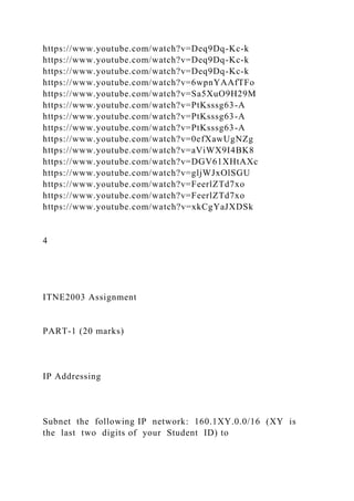 https://www.youtube.com/watch?v=Deq9Dq-Kc-k
https://www.youtube.com/watch?v=Deq9Dq-Kc-k
https://www.youtube.com/watch?v=Deq9Dq-Kc-k
https://www.youtube.com/watch?v=6wpnYAAfTFo
https://www.youtube.com/watch?v=Sa5XuO9H29M
https://www.youtube.com/watch?v=PtKsssg63-A
https://www.youtube.com/watch?v=PtKsssg63-A
https://www.youtube.com/watch?v=PtKsssg63-A
https://www.youtube.com/watch?v=0efXawUgNZg
https://www.youtube.com/watch?v=aViWX9I4BK8
https://www.youtube.com/watch?v=DGV61XHtAXc
https://www.youtube.com/watch?v=gljWJxOlSGU
https://www.youtube.com/watch?v=FeerlZTd7xo
https://www.youtube.com/watch?v=FeerlZTd7xo
https://www.youtube.com/watch?v=xkCgYaJXDSk
4
ITNE2003 Assignment
PART-1 (20 marks)
IP Addressing
Subnet the following IP network: 160.1XY.0.0/16 (XY is
the last two digits of your Student ID) to
 