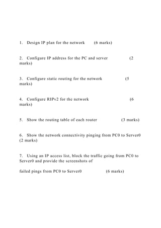 1. Design IP plan for the network (6 marks)
2. Configure IP address for the PC and server (2
marks)
3. Configure static routing for the network (5
marks)
4. Configure RIPv2 for the network (6
marks)
5. Show the routing table of each router (3 marks)
6. Show the network connectivity pinging from PC0 to Server0
(2 marks)
7. Using an IP access list, block the traffic going from PC0 to
Server0 and provide the screenshots of
failed pings from PC0 to Server0 (6 marks)
 
