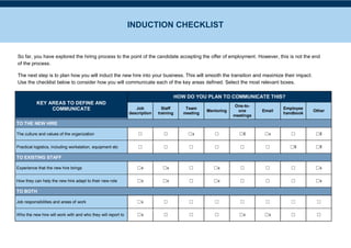 v
So far, you have explored the hiring process to the point of the candidate accepting the offer of employment. However, this is not the end
of the process.
The next step is to plan how you will induct the new hire into your business. This will smooth the transition and maximize their impact.
Use the checklist below to consider how you will communicate each of the key areas defined. Select the most relevant boxes.
KEY AREAS TO DEFINE AND
COMMUNICATE
HOW DO YOU PLAN TO COMMUNICATE THIS?
Job
description
Staff
training
Team
meeting
Mentoring
One-to-
one
meetings
Email
Employee
handbook
Other
TO THE NEW HIRE
The culture and values of the organization ☐ ☐ ☐x ☐ ☐X ☐x ☐ ☐X
Practical logistics, including workstation, equipment etc ☐ ☐ ☐ ☐ ☐ ☐ ☐X ☐X
TO EXISTING STAFF
Experience that the new hire brings ☐x ☐x ☐ ☐x ☐ ☐ ☐ ☐x
How they can help the new hire adapt to their new role ☐x ☐x ☐ ☐x ☐ ☐ ☐ ☐x
TO BOTH
Job responsibilities and areas of work ☐x ☐ ☐ ☐ ☐ ☐ ☐ ☐
Who the new hire will work with and who they will report to ☐x ☐ ☐ ☐ ☐x ☐x ☐ ☐
INDUCTION CHECKLIST
 