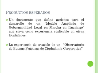 PRODUCTOS ESPERADOS
 Un documento que defina acciones para el
desarrollo de un “Modelo Ampliado de
Gobernabilidad Local en Marcha en Ituzaingo”
que sirva como experiencia replicable en otras
localidades
 La experiencia de creación de un “Observatorio
de Buenas Prácticas de Ciudadanía Corporativa”
 