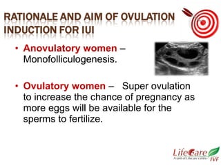 • Anovulatory women –
Monofolliculogenesis.
• Ovulatory women – Super ovulation
to increase the chance of pregnancy as
more eggs will be available for the
sperms to fertilize.
 