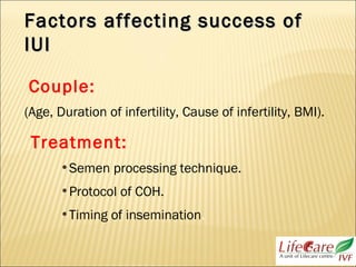 Factors affecting success ofFactors affecting success of
IUIIUI
Couple:
(Age, Duration of infertility, Cause of infertility, BMI).
Treatment:
•Semen processing technique.
•Protocol of COH.
•Timing of insemination.
 