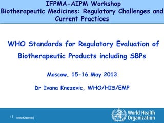 Ivana Knezevic |1 |
IFPMA-AIPM Workshop
Biotherapeutic Medicines: Regulatory Challenges and
Current Practices
WHO Standards for Regulatory Evaluation of
Biotherapeutic Products including SBPs
Moscow, 15-16 May 2013
Dr Ivana Knezevic, WHO/HIS/EMP
 
