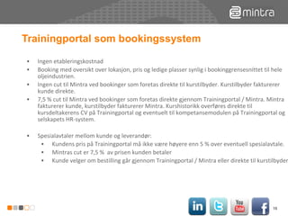 Trainingportal som bookingssystem Ingen etableringskostnad Booking med oversikt over lokasjon, pris og ledige plasser synlig i bookinggrensesnittet til hele oljeindustrien. Ingen cut til Mintra ved bookinger som foretas direkte til kurstilbyder. Kurstilbyder fakturerer kunde direkte. 7,5 % cut til Mintra ved bookinger som foretas direkte gjennom Trainingportal / Mintra. Mintra fakturerer kunde, kurstilbyder fakturerer Mintra. Kurshistorikk overføres direkte til kursdeltakerens CV på Trainingportal og eventuelt til kompetansemodulen på Trainingportal og selskapets HR-system. Spesialavtaler mellom kunde og leverandør: Kundens pris på Trainingportal må ikke være høyere enn 5 % over eventuell spesialavtale. Mintras cut er 7,5 %  av prisen kunden betaler Kunde velger om bestilling går gjennom Trainingportal / Mintra eller direkte til kurstilbyder 