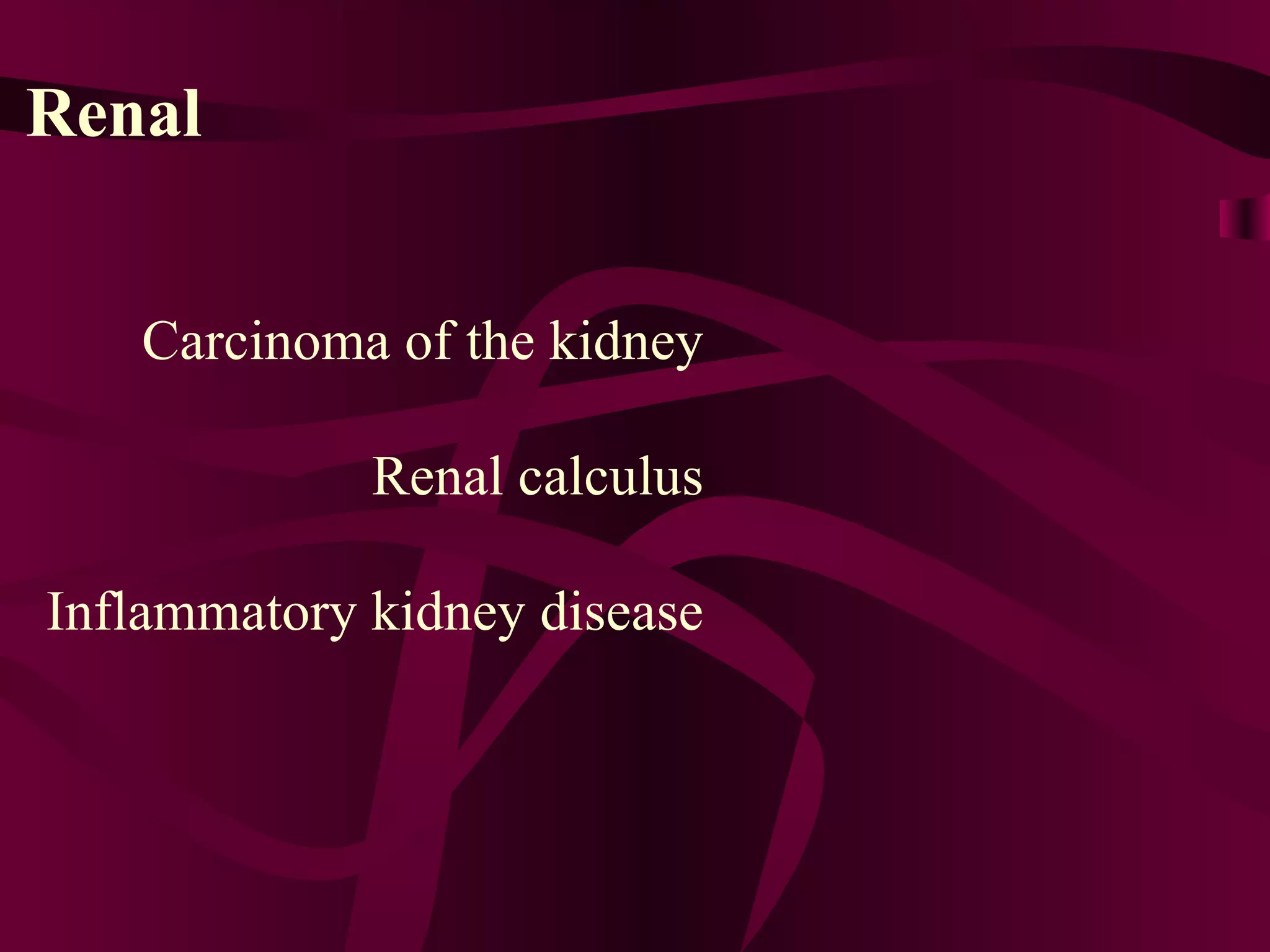 Renal Carcinoma of the kidney Renal calculus Inflammatory kidney disease 