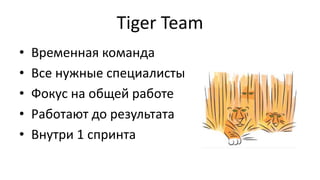 Tiger Team
• Временная команда
• Все нужные специалисты
• Фокус на общей работе
• Работают до результата
• Внутри 1 спринта
 