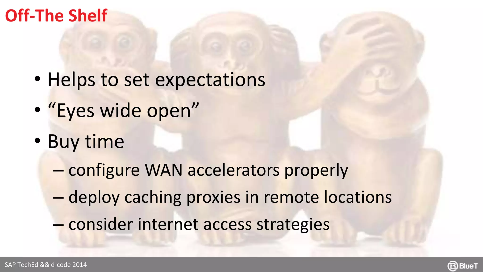 Off-The Shelf 
• Helps to set expectations 
• “Eyes wide open” 
• Buy time 
– configure WAN accelerators properly 
– deploy caching proxies in remote locations 
– consider internet access strategies 
SAP TechEd && d-code 2014 
 
