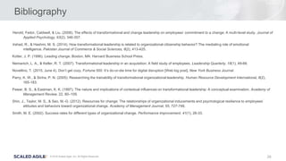 26© 2016 Scaled Agile, Inc. All Rights Reserved.
Bibliography
Herold, Fedor, Caldwell, & Liu. (2008). The effects of transformational and change leadership on employees’ commitment to a change: A multi-level study. Journal of
Applied Psychology, 93(2), 346-357.
Irshad, R., & Hashmi, M. S. (2014). How transformational leadership is related to organizational citizenship behavior? The mediating role of emotional
intelligence. Pakistan Journal of Commerce & Social Sciences, 8(2), 413-425.
Kotter, J. P. (1996). Leading change. Boston, MA: Harvard Business School Press.
Nemanich, L. A., & Keller, R. T. (2007). Transformational leadership in an acquisition: A field study of employees. Leadership Quarterly, 18(1), 49-68.
Novellino, T. (2015, June 4). Don’t get cozy, Fortune 500: It’s do-or-die time for digital disruption [Web log post]. New York Business Journal.
Parry, K. W., & Sinha, P. N. (2005). Researching the trainability of transformational organizational leadership. Human Resource Development International, 8(2),
165-183.
Pawar, B. S., & Eastman, K. K. (1997). The nature and implications of contextual influences on transformational leadership: A conceptual examination. Academy of
Management Review, 22, 80–109.
Shin, J., Taylor, M. S., & Seo, M.-G. (2012). Resources for change: The relationships of organizational inducements and psychological resilience to employees’
attitudes and behaviors toward organizational change. Academy of Management Journal, 55, 727-748.
Smith, M. E. (2002). Success rates for different types of organizational change. Performance Improvement, 41(1), 26-33.
 
