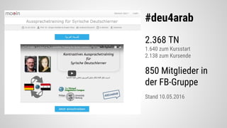 2.368 TN
1.640 zum Kursstart
2.138 zum Kursende
850 Mitglieder in
der FB-Gruppe
Stand 10.05.2016
#deu4arab
 