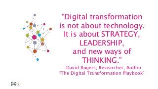 “Digital transformation
is not about technology.
It is about STRATEGY,
LEADERSHIP,
and new ways of
THINKING.”
- David Roge...