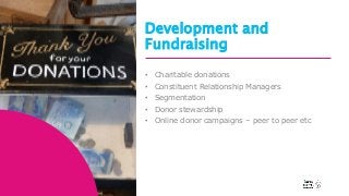 Development and
Fundraising
• Charitable donations
• Constituent Relationship Managers
• Segmentation
• Donor stewardship
...