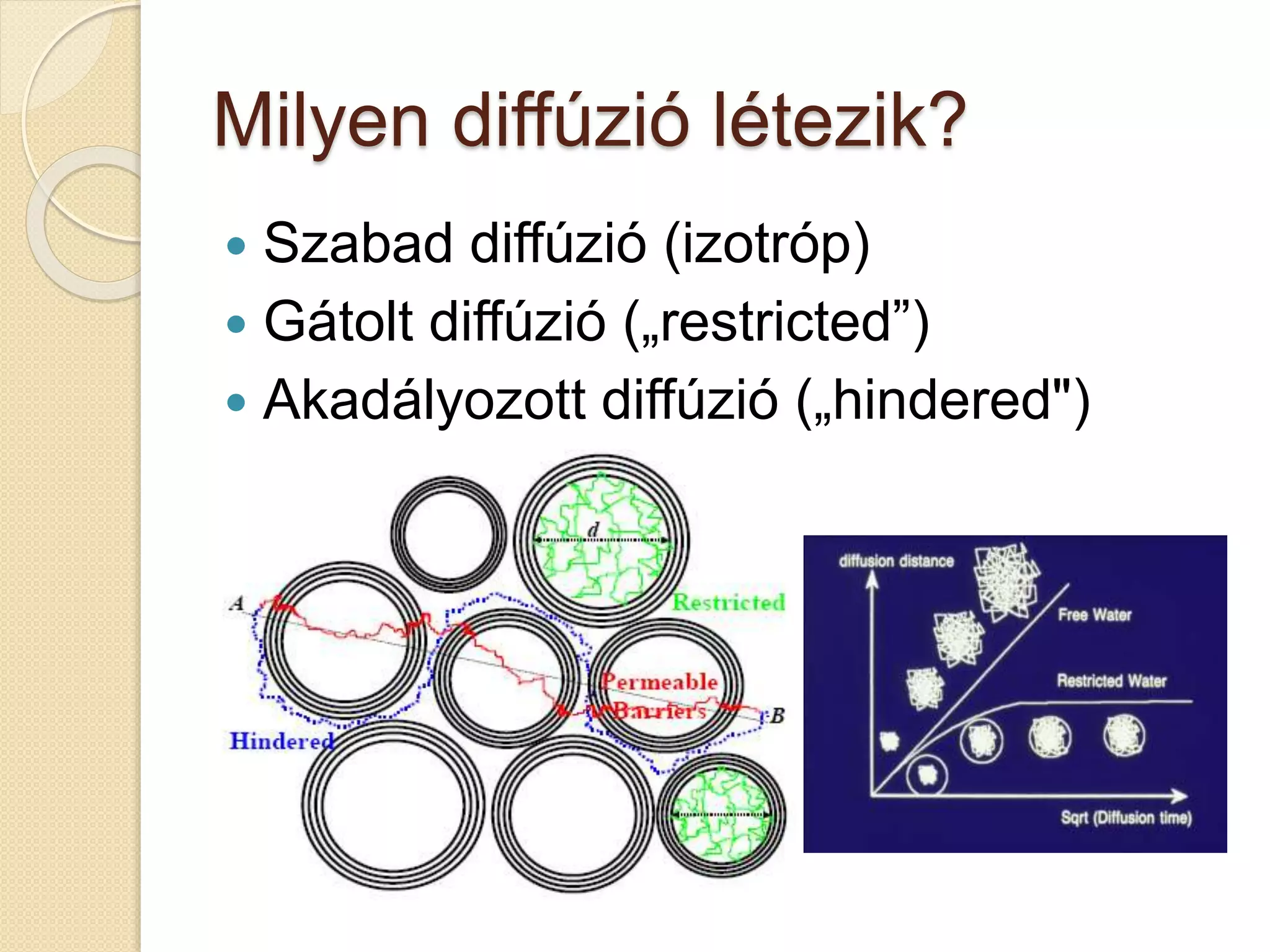 Milyen diffúzió létezik?
 Szabad diffúzió (izotróp)
 Gátolt diffúzió („restricted”)
 Akadályozott diffúzió („hindered")
 