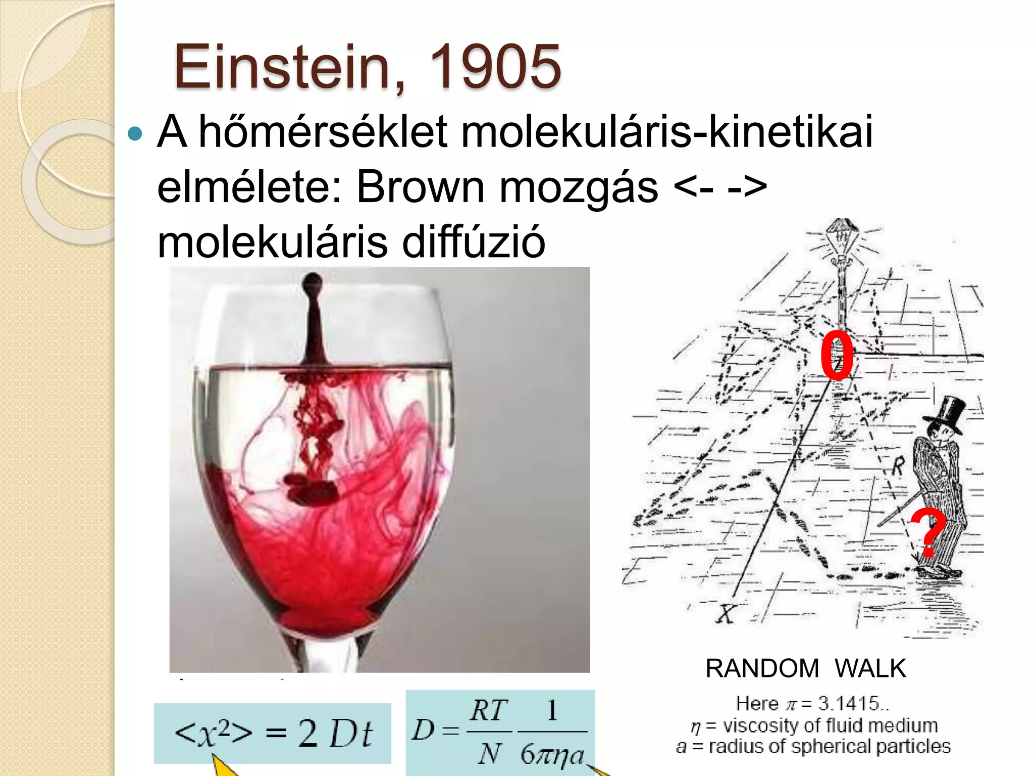 Einstein, 1905
 A hőmérséklet molekuláris-kinetikai
elmélete: Brown mozgás <- ->
molekuláris diffúzió
RANDOM WALK
0
?
 