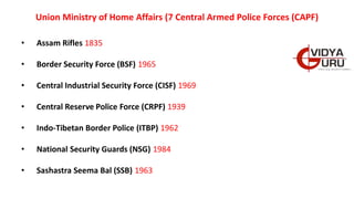 Union Ministry of Home Affairs (7 Central Armed Police Forces (CAPF)
• Assam Rifles 1835
• Border Security Force (BSF) 1965
• Central Industrial Security Force (CISF) 1969
• Central Reserve Police Force (CRPF) 1939
• Indo-Tibetan Border Police (ITBP) 1962
• National Security Guards (NSG) 1984
• Sashastra Seema Bal (SSB) 1963
 