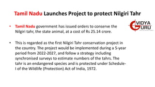 Tamil Nadu Launches Project to protect Nilgiri Tahr
• Tamil Nadu government has issued orders to conserve the
Nilgiri tahr, the state animal, at a cost of Rs 25.14 crore.
• This is regarded as the first Nilgiri Tahr conservation project in
the country. The project would be implemented during a 5-year
period from 2022-2027, and follow a strategy including
synchronised surveys to estimate numbers of the tahrs. The
tahr is an endangered species and is protected under Schedule-
I of the Wildlife (Protection) Act of India, 1972.
 
