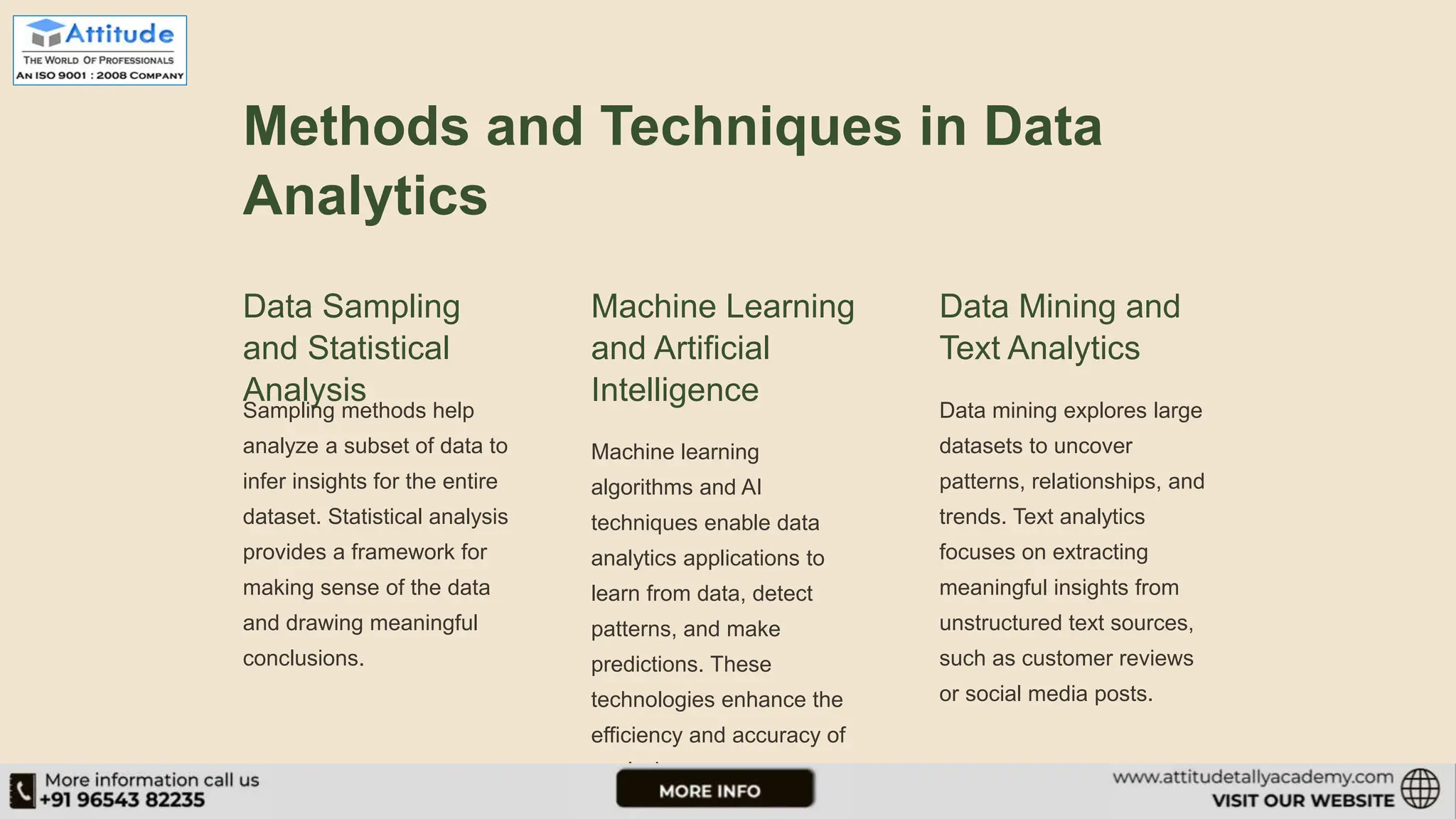 Methods and Techniques in Data Analytics Data Sampling and Statistical Analysis Sampling methods help analyze a subset of data to infer insights for the entire dataset. Statistical analysis provides a framework for making sense of the data and drawing meaningful conclusions. Machine Learning and Artificial Intelligence Machine learning algorithms and AI techniques enable data analytics applications to learn from data, detect patterns, and make predictions. These technologies enhance the efficiency and accuracy of analysis. Data Mining and Text Analytics Data mining explores large datasets to uncover patterns, relationships, and trends. Text analytics focuses on extracting meaningful insights from unstructured text sources, such as customer reviews or social media posts. 
