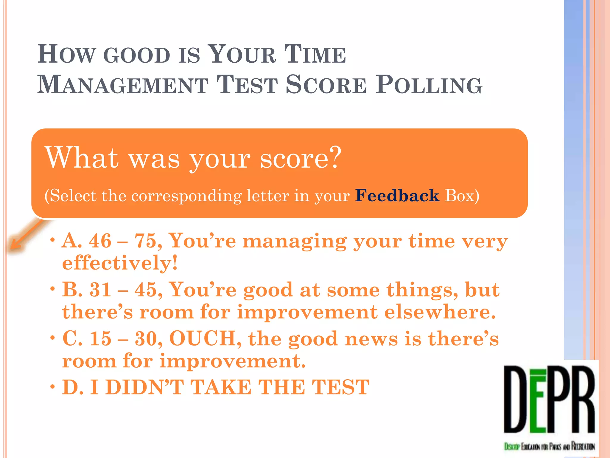 HOW GOOD IS YOUR TIME MANAGEMENT
TEST SCORE POLLING


What was your score?
(Select the corresponding letter in your Feedback Box)

• A. 46 – 75, You’re managing your time very
  effectively!
• B. 31 – 45, You’re good at some things, but
  there’s room for improvement elsewhere.
• C. 15 – 30, OUCH, the good news is there’s
  room for improvement.
• D. I DIDN’T TAKE THE TEST
 