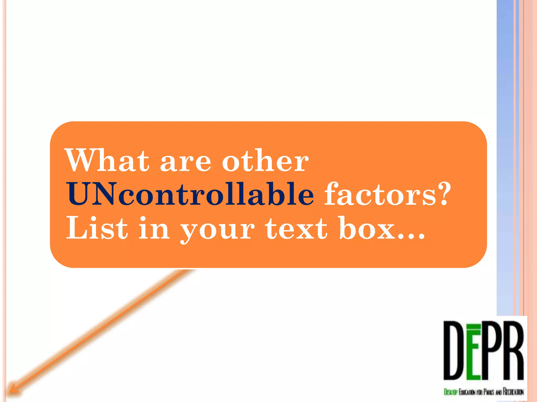 What are other
WHAT ARE OTHER
 UNcontrollable factors?
UNCONTROLLABLE FACTORS?
List in your text box…
 