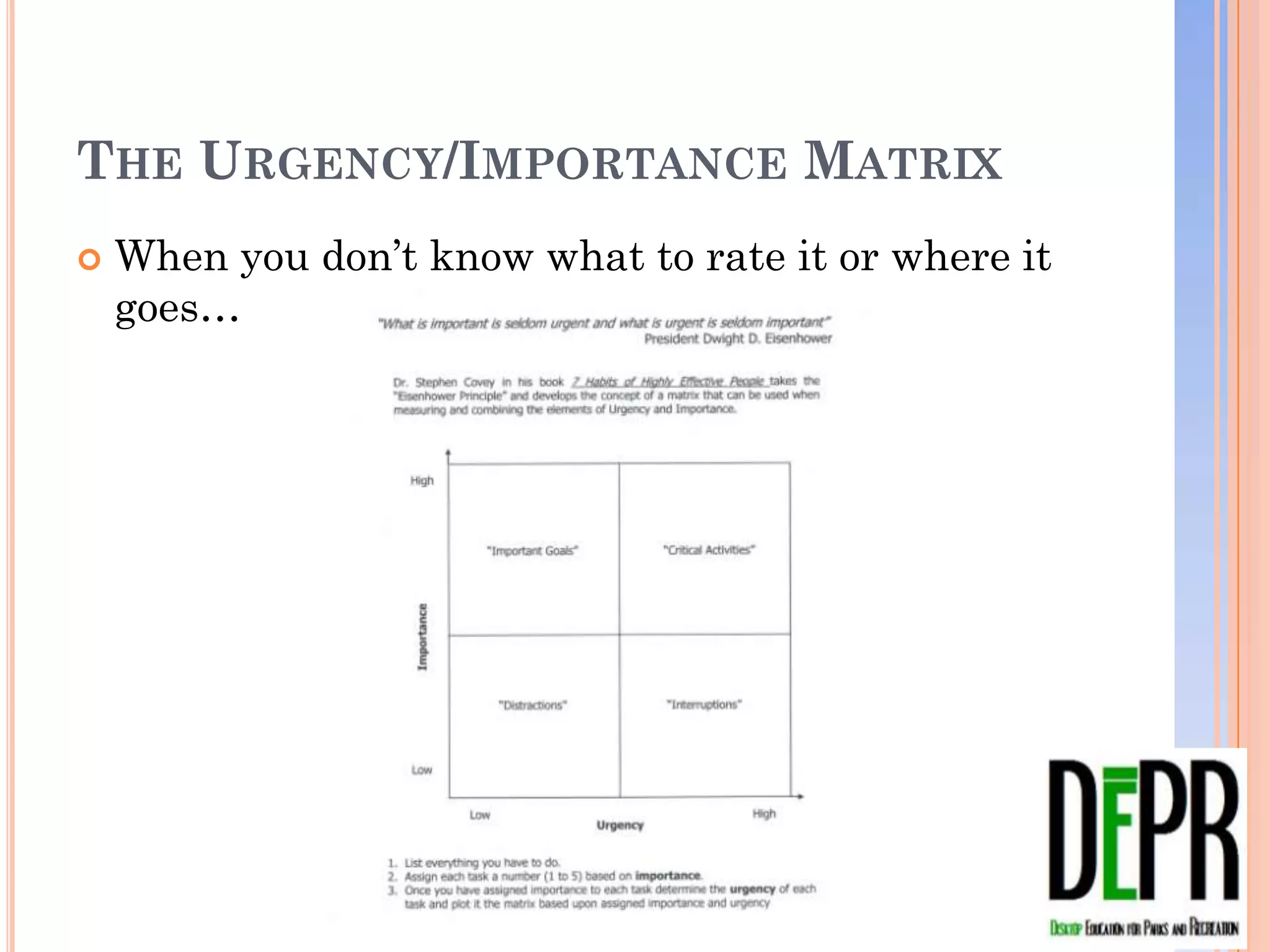 THE URGENCY/IMPORTANCE MATRIX
   When you don’t know what to rate it or where it
    goes…
 