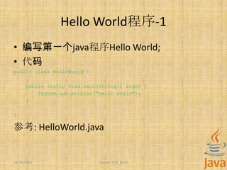Hello World程序-1
• 编写第一个java程序Hello World;
• 代码
public class HelloWorld {

      public static void main(String[] args) {
          System.out.println("hello world");
      }

}

参考: HelloWorld.java


11/30/2012                    Course: J2SE Basic
 