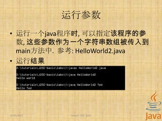 运行参数
• 运行一个java程序时, 可以指定该程序的参
  数, 这些参数作为一个字符串数组被传入到
  main方法中. 参考: HelloWorld2.java
• 运行结果




11/30/2012   Course: J2SE Basic
 